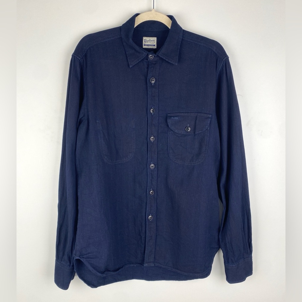 Blue Blanket Italian Indigo Herringbone Straight Cut Shirt Navy